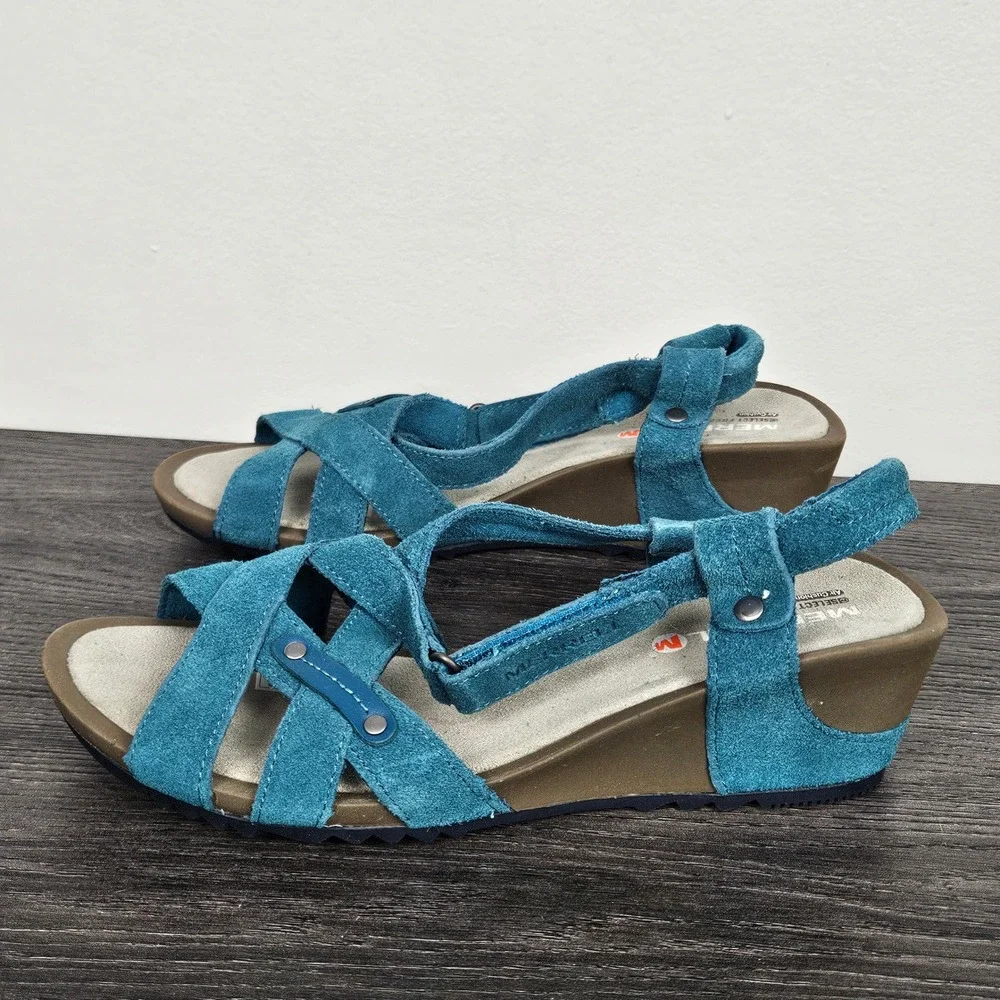 Merrell Womens Sz 8 Revalli Cross Dragonfly Blue Suede Wedge Sandals J22000